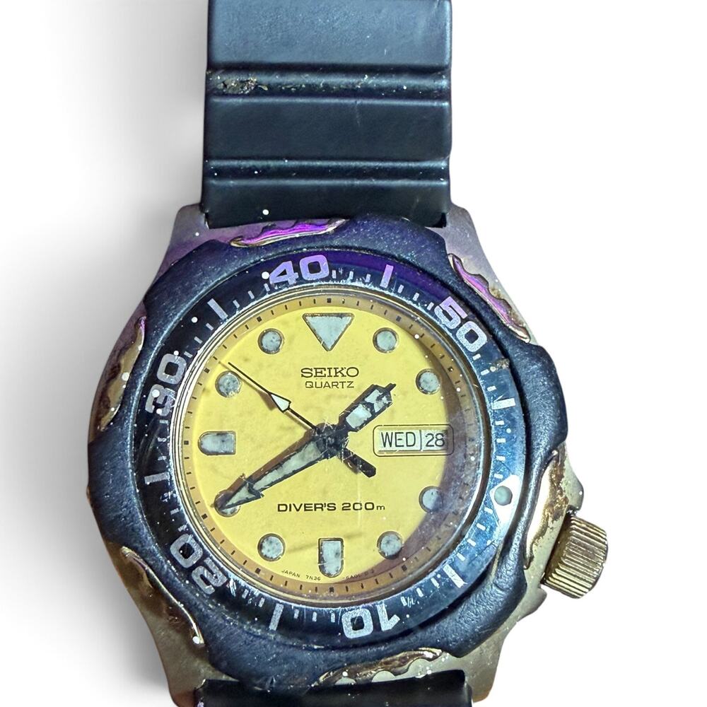 Seiko Men's Vintage Diver Watch 200m Quartz 7N36-6A09 Yellow Dial 1991